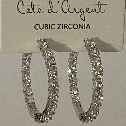 Cote d Argent 1 & 3/8" Zirkonia Runde Creolen Klappverschluss Ohrringe NEU - Bild 2 von 7