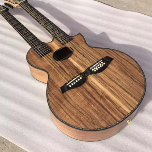 Rare Double Neck 6 12 Strings Acoustic Guitar Full KOA Solid Top Body Maple Neck