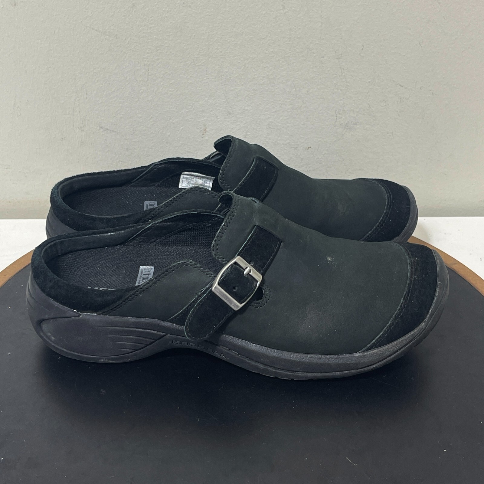 Merrell Encore Fibbia Nero Pelle Slip On Mules Donna 9 5 QForm OrthoLite