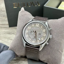 NEW✅ Bulova Classic Chronograph Brown Leather Date Number Dial Mens Watch 96B365