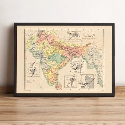 India Old Map - 1905 Railway System of India  Vintage Reproduction