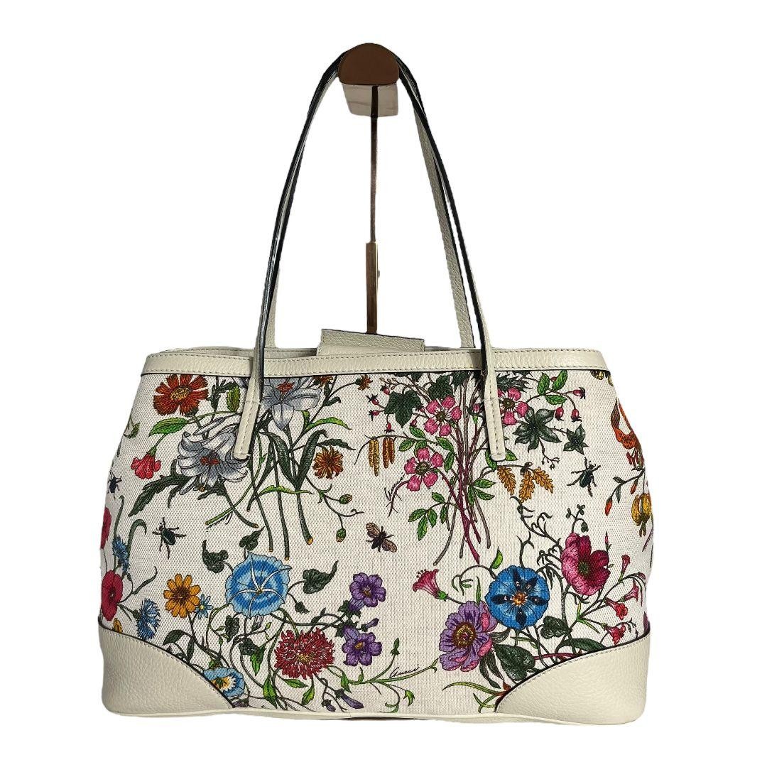 GUCCI Flora Tote Bag 50th Anniversary Flower Pattern Leather Canvas White VIN thumbnail 3