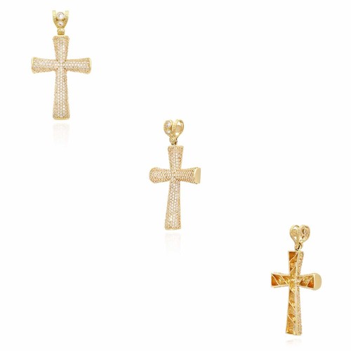 14K Yellow Gold CZ Pave Round Edges Cross Pendant 2" - Picture 4 of 7