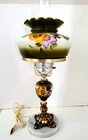 Vintage Hurricane Lamp Gone With The Wind Hand Painted flowers Marble Base Green