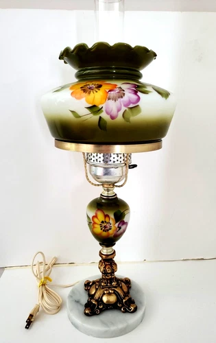 Vintage Hurricane Lamp Gone With The Wind Hand Painted flowers Marble Base Green