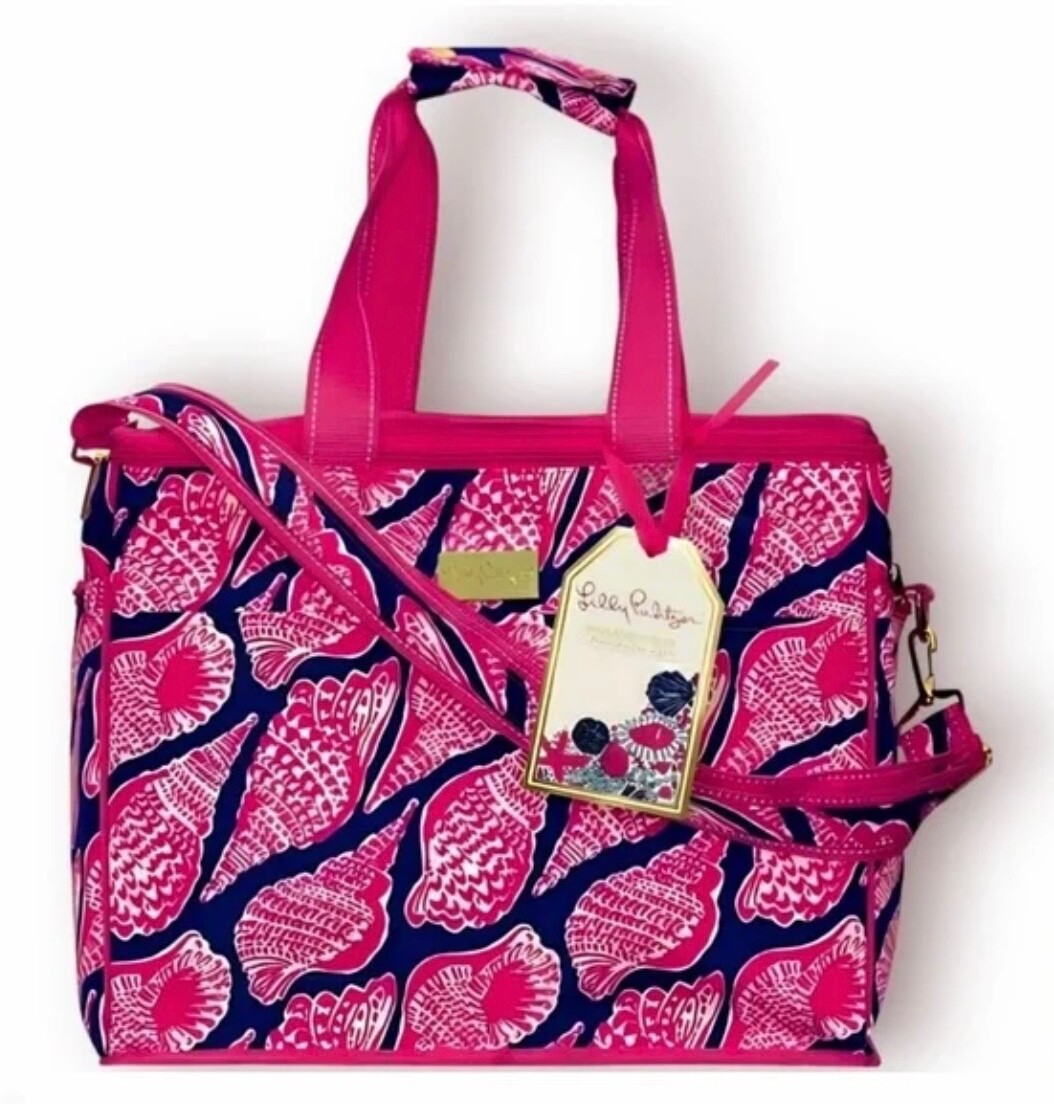 LILLY PULITZER Cute as Shell Insulated Large Beach Cooler Tote Bag Pink Blue NEW