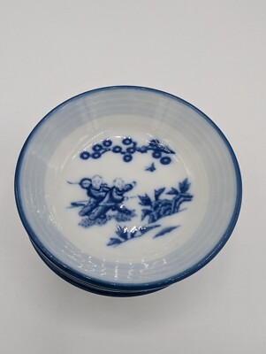 Vintage Chinese Frolicking Fellows Butter Blue & White Dishes Set Of 4