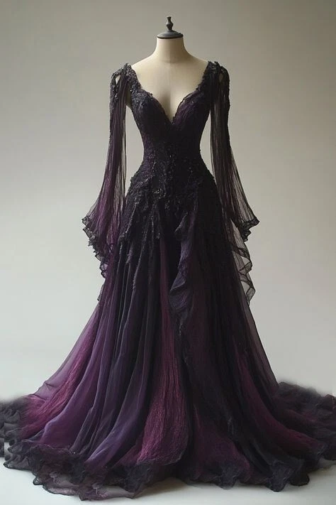 Gothic Wedding Dresses Long Sleeves V Neck Lace Appliques Ruffles Bridal Gowns - Image 2 of 4