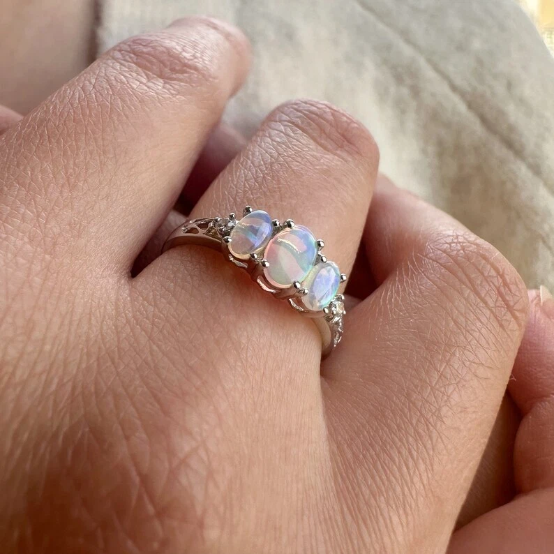 Solid 14K White Gold Natural Fire Opal and Diamonds Gemstone Women Wedding Ring - Image 4 of 4