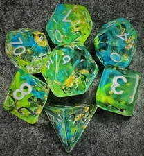 Sage’s Cantrips - Grn/Blu Swirl Gold Flakes  Resin Polyhedral Dice Set DnD Game 