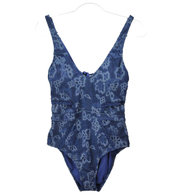 Athena Swimsuit Womens 12 Blue Cote d Azur Plunge One Piece Lace Mesh Crochet