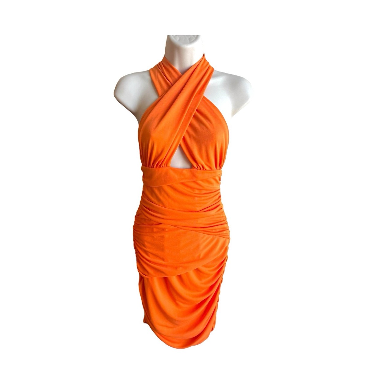 Zara Womens Draped Orange Ruched Wrap Bodycon Wrap Halter Dress Medium