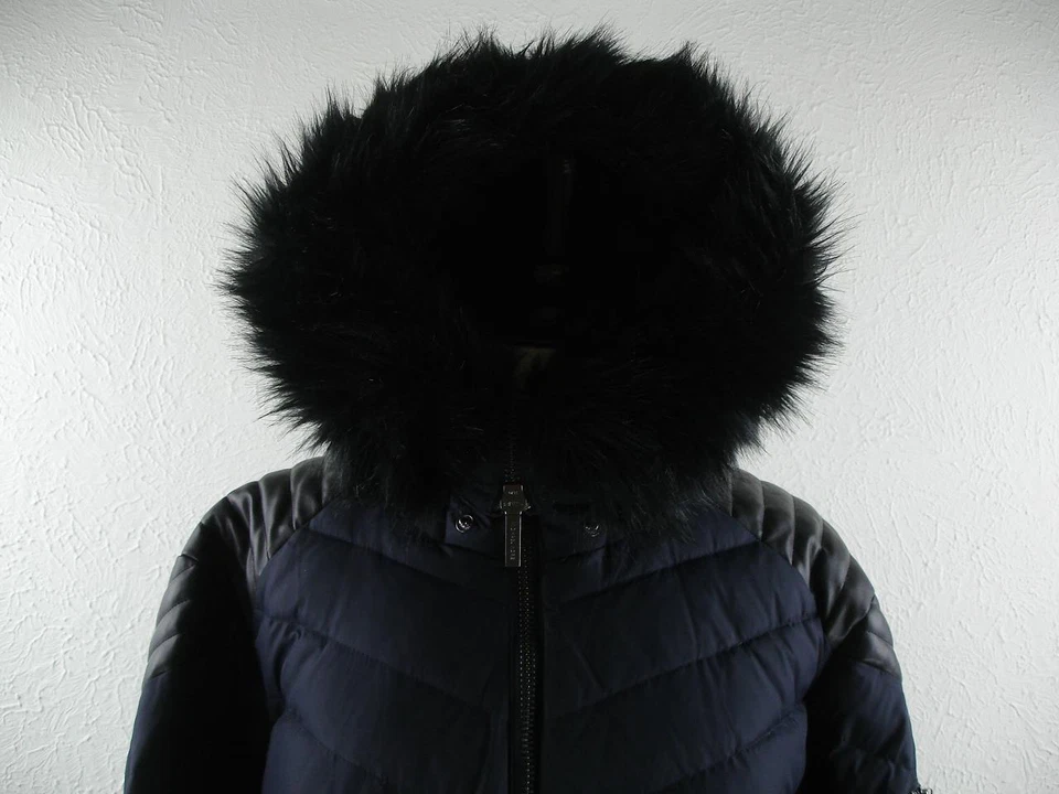 Womens 2X Michael Kors Navy Black Maxi Down Puffer Quilted Coat Faux Fur Leather - Image 4 of 4