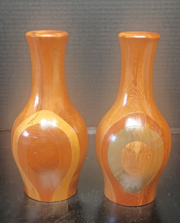 Vintage Pair Turned Wooden Marquetry Vases / Candle Holders, Signed eBay