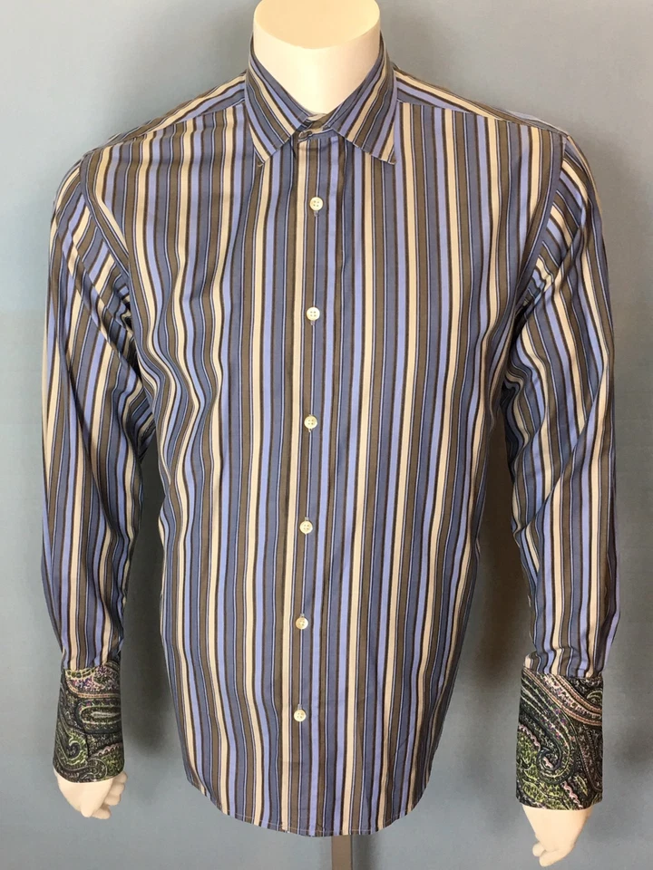 Мужская Hartford лучшие ткани хлопок французский манжеты большая рубашка синий бежевый в полоску - Изображение 2 из 4