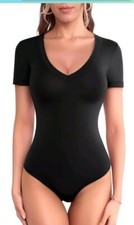 MANGOPOP Womens XXL Black V Neck Short Sleeve Snap Crotch Bodysuit Modal NWT