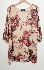Lulu's Women's Beige Floral Shift Dress V Neck 3/4 Sleeve Lined Medium