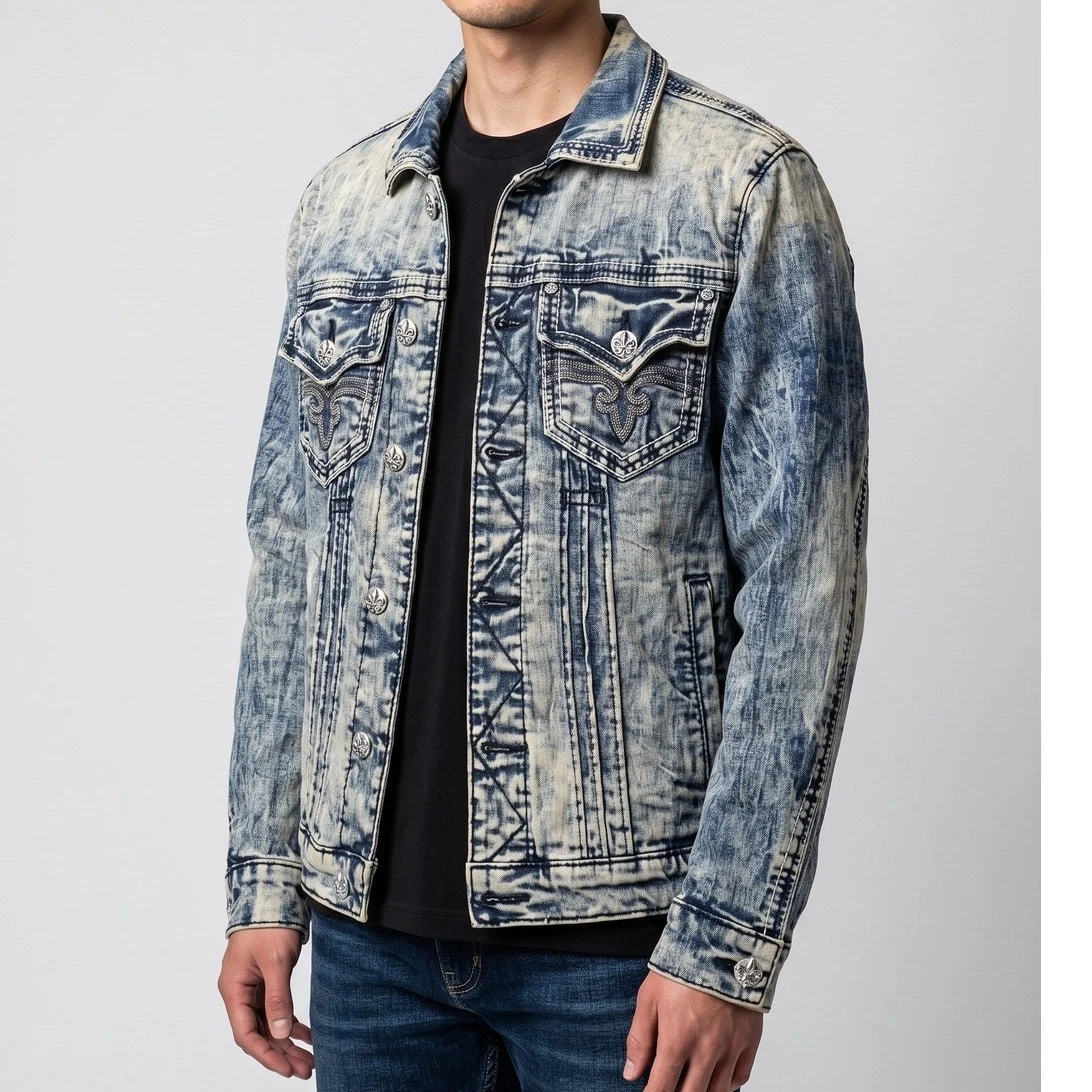 Rock Revival Zora Denim Jacket Mens M Blue Denim Washed Button Front Stretch