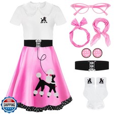 Vinsatin 8 Pcs 50s Poodle Skirt Costume Girls Kids Sock Hop Outfit 1950s Cost