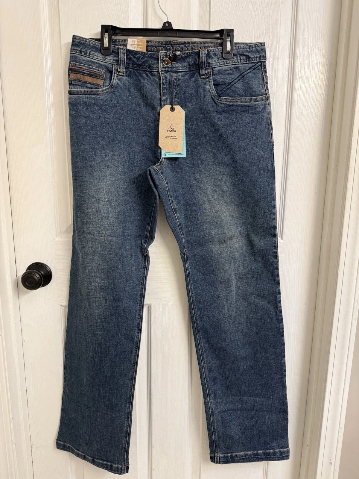 NEW Prana Axiom Jeans Men's 33x32 Stretch Straight Leg Stone Wash Performance
