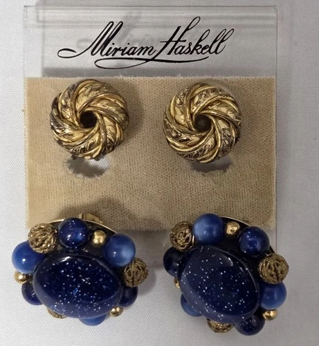 Miriam Haskell and Lisner Signed Vintage Clip-On Earrings Gold Tone