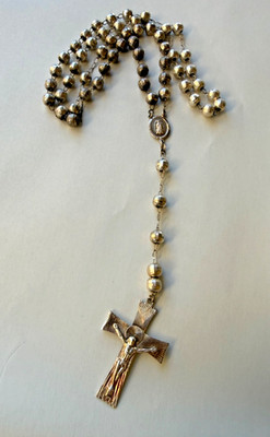 Sterling Silver Rosary 43.6g 32'' 8mm Faceted Beads Guadalupe Medal 50mm Cross