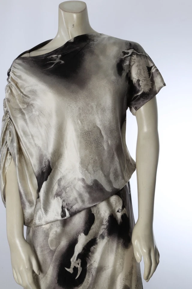 Vestido de Seda Josie Natori Negro Blanco Tie Dye Drapeado Midi Talla M Foto 4 de 4