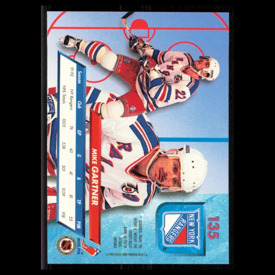 Mike Gartner #135 1992 Fleer Ultra New York Rangers Hockey Card NHL NM - Image 2 of 3