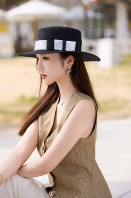 Black Straw Hat Flat Top French Boater White Lace Bow Ribbon Wide Brim Summer