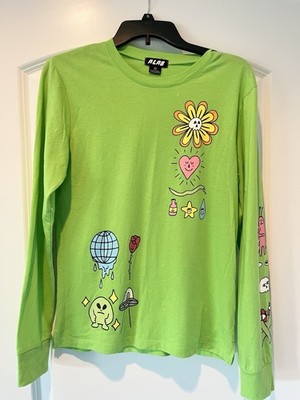 A-Lab Womens Size Small Zumiez icons graphic long sleeve tee green alien flowers