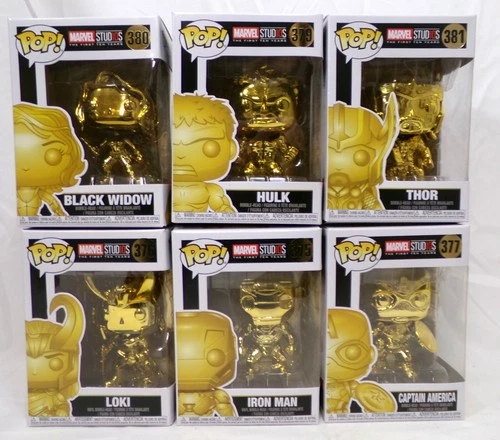 Funko Pop! Mavel MCU Gold Chrome Lot of 6 Loki Iron Man Thor Hulk Black Widow