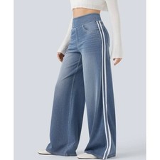 NWOT Halara Flex Women High Waisted Stripe Wide Leg Flowy Jeans M Petite Pockets