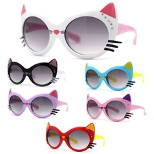 Girls Kids Size Kitty Cat Ear Whisker Round Plastic Sunglasses