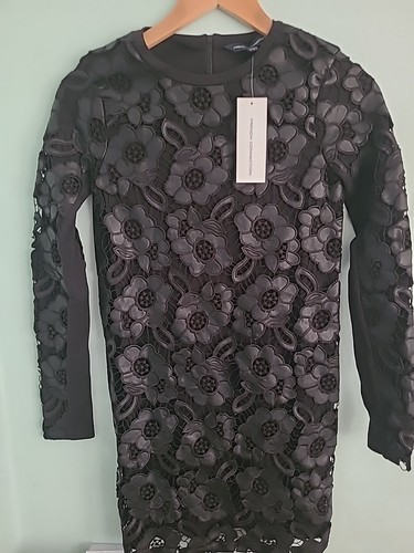 French Connection Black Dress Lace Front Panel Black Faux Leather Brand New Size - Picture 2 of 14