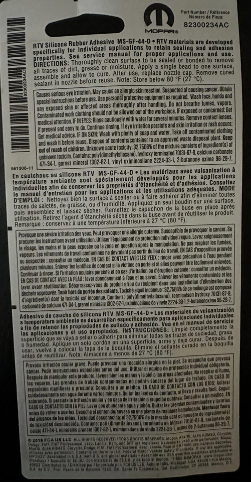 SELLADOR DE SILICONA MOPAR ACEITE DE MOTOR RTV OEM 82300234AC Foto 2 de 2