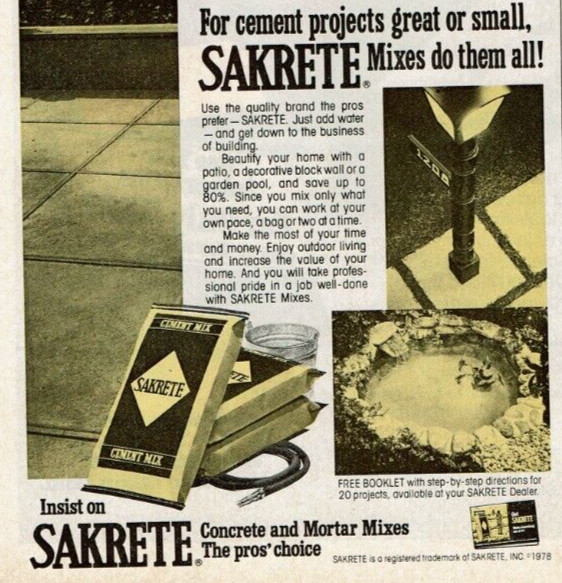 1978 Vintage Print Ad Insist on SAKRETE For cement projects Mortar mixes Pros