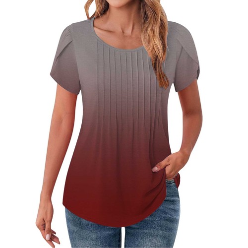 Women Fashion Petal Sleeves Crewneck Tunic Blouses Gradient Summer Tees Shirts - Picture 34 of 38