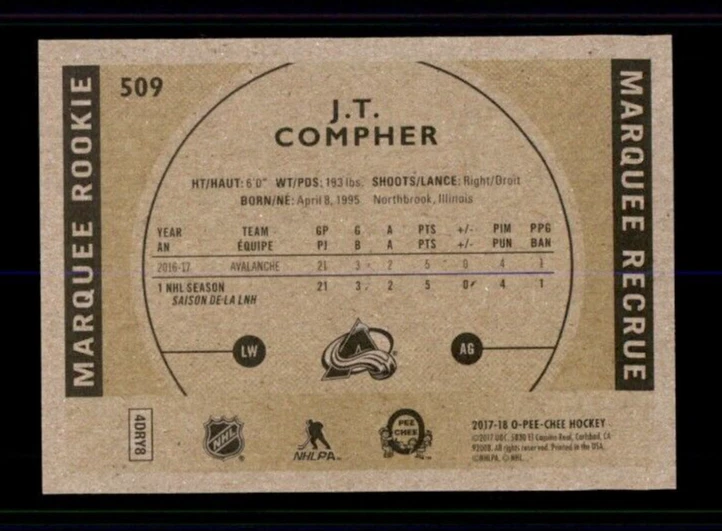 2017-18 O-Pee-Chee Retro #509 J.T. Compher. - Image 2 of 2