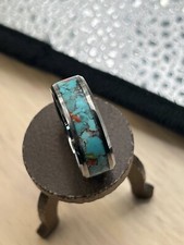 Inlay Ring Stainless Steel Sleeping Beauty Turquoise and Red Opals