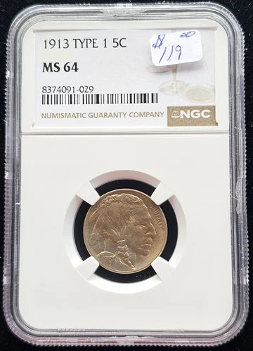 1913-P 5C INDIAN-HEAD BUFFALO NICKEL TYPE I MOUND NGC-MS-64