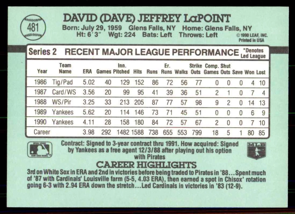 1991 Donruss Dave LaPoint New York Yankees #481 - Image 2 of 2
