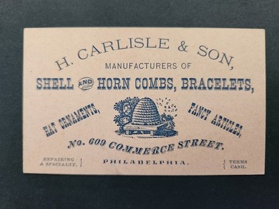 1876 antique H CARLISLE & SON phila pa SHELL HORN COMBS HAT ORNAMENTS ad card