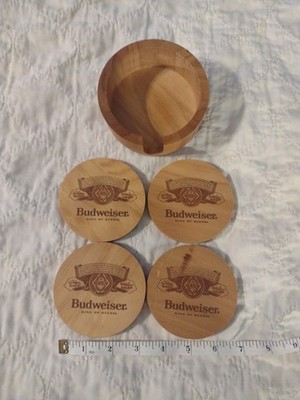Set Of 4 Budweiser Wood Coasters With Holder.