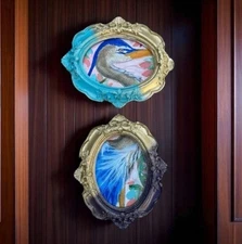 Set Of 2 Botanical Great Blue Heron mini print in vintage style ornate frame
