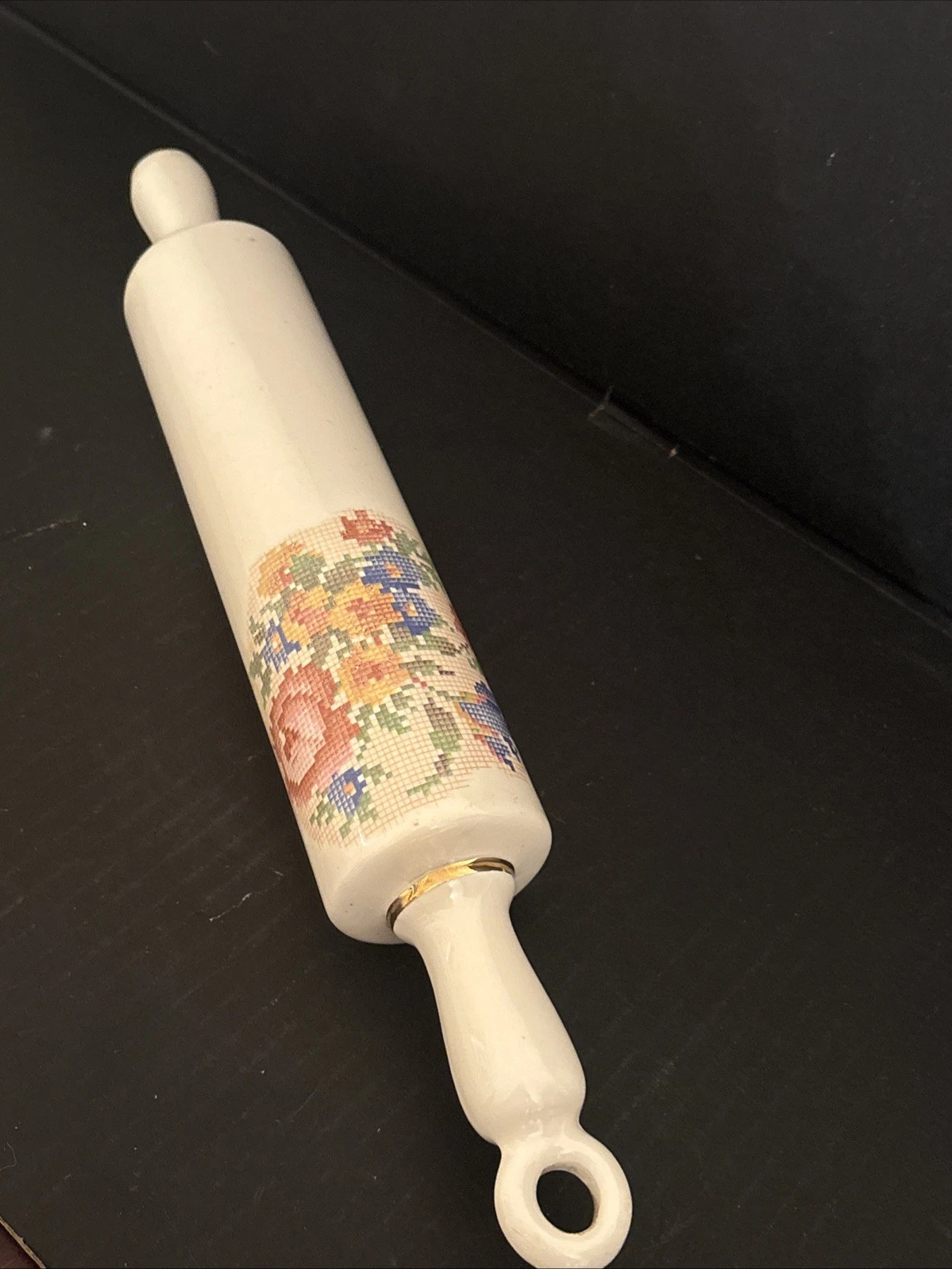 Vtg Harper Pottery Bakerite Rolling Pin FLORAL White Ceramic Cold Water Fill 15"