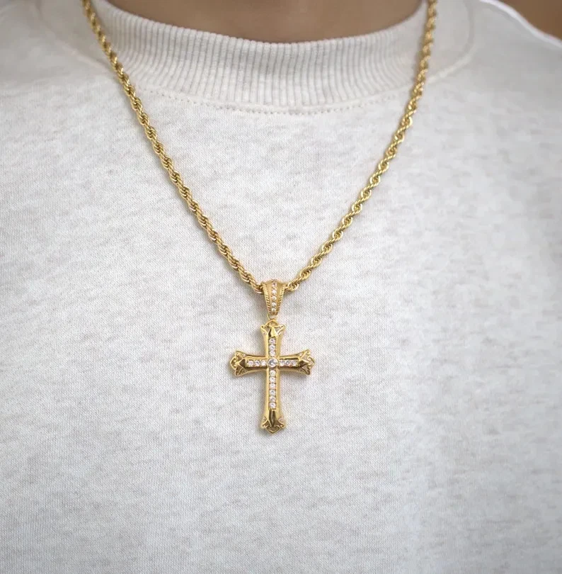 18K Yellow Gold Over Diamond Cross Pendant with 24" Rope Chain Necklace For Mens - Image 4 of 4