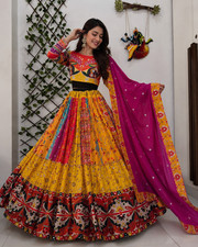 Yellow Pink Muslin Cotton Lehenga Choli Digital Print Party Wear Outfit