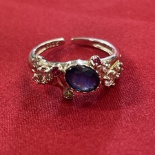 Sterling Silver 925 Textured Round Oval Multi-Colored Gemstone Adjustable Ring