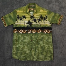VTG Blue Hawaii Shirt Mens L Green Outrigger Hawaiian Sunset Palm Trees Floral