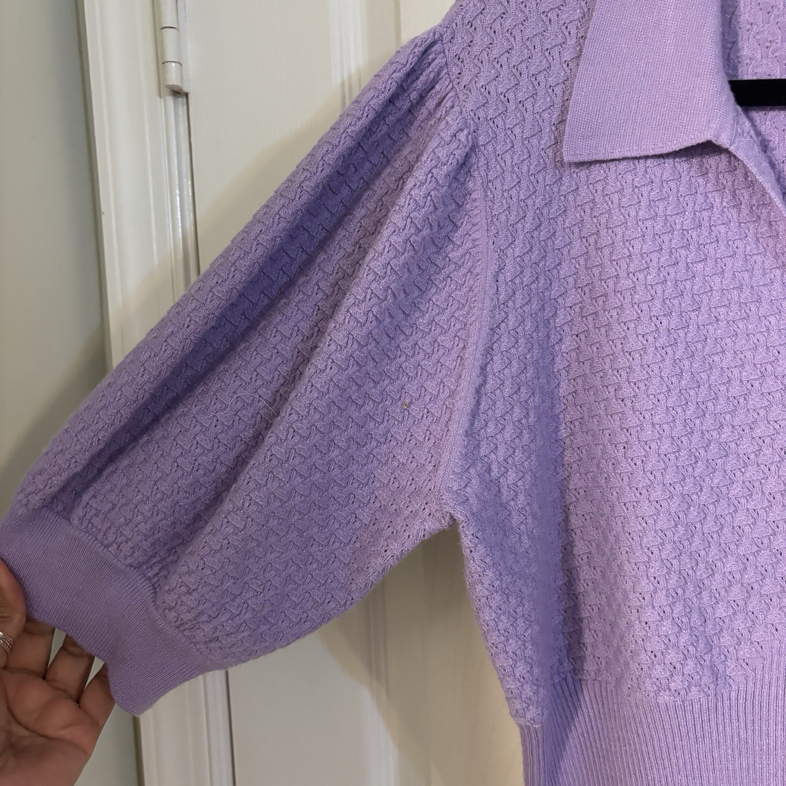 Express Collared Patterned Knit Short Puff Sleeve… - image 3